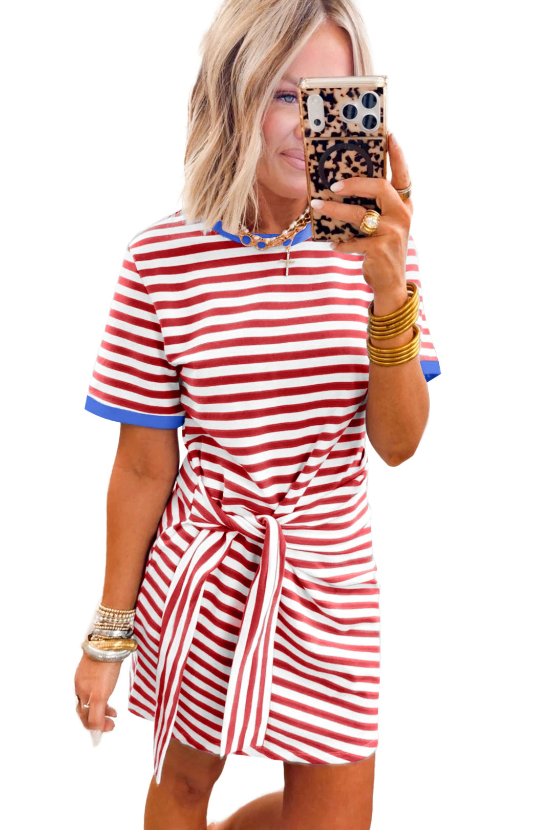 Sky Blue Stripe Nautical Tie Contrast Trim Round Neck T Shirt Midi Dress