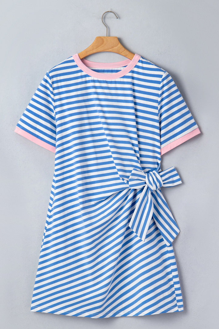 Sky Blue Stripe Nautical Tie Contrast Trim Round Neck T Shirt Midi Dress
