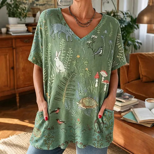 Artistieke blouse met vleermuisvleugels en bosdierenmotief              Write a Review
