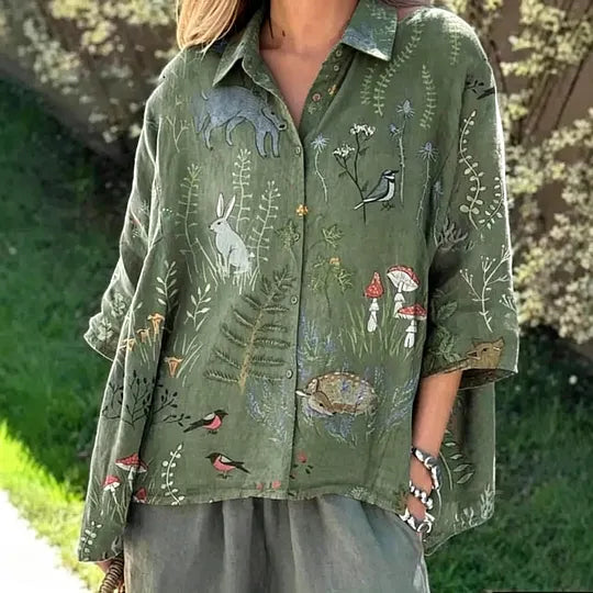 Artistieke blouse met vleermuisvleugels en bosdierenmotief              Write a Review