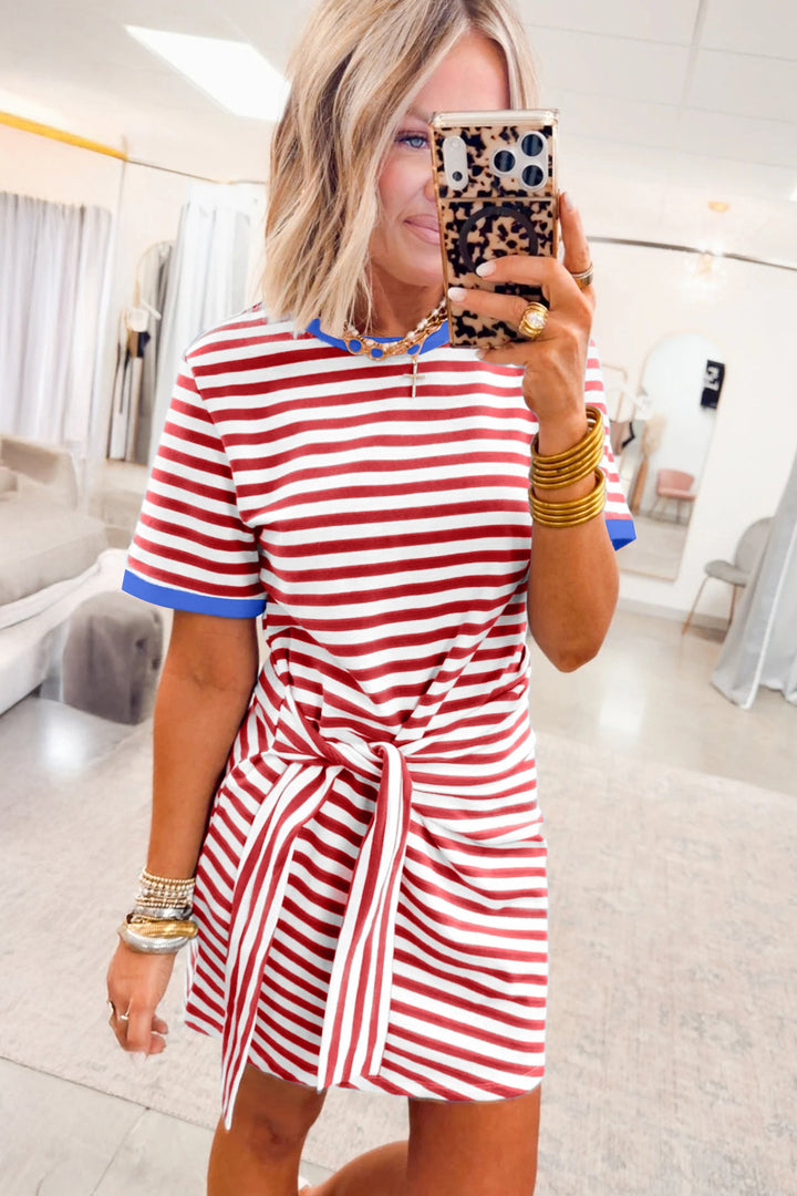 Sky Blue Stripe Nautical Tie Contrast Trim Round Neck T Shirt Midi Dress