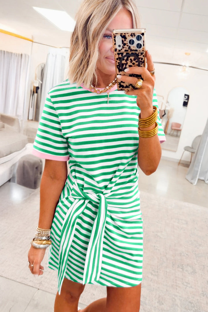 Sky Blue Stripe Nautical Tie Contrast Trim Round Neck T Shirt Midi Dress