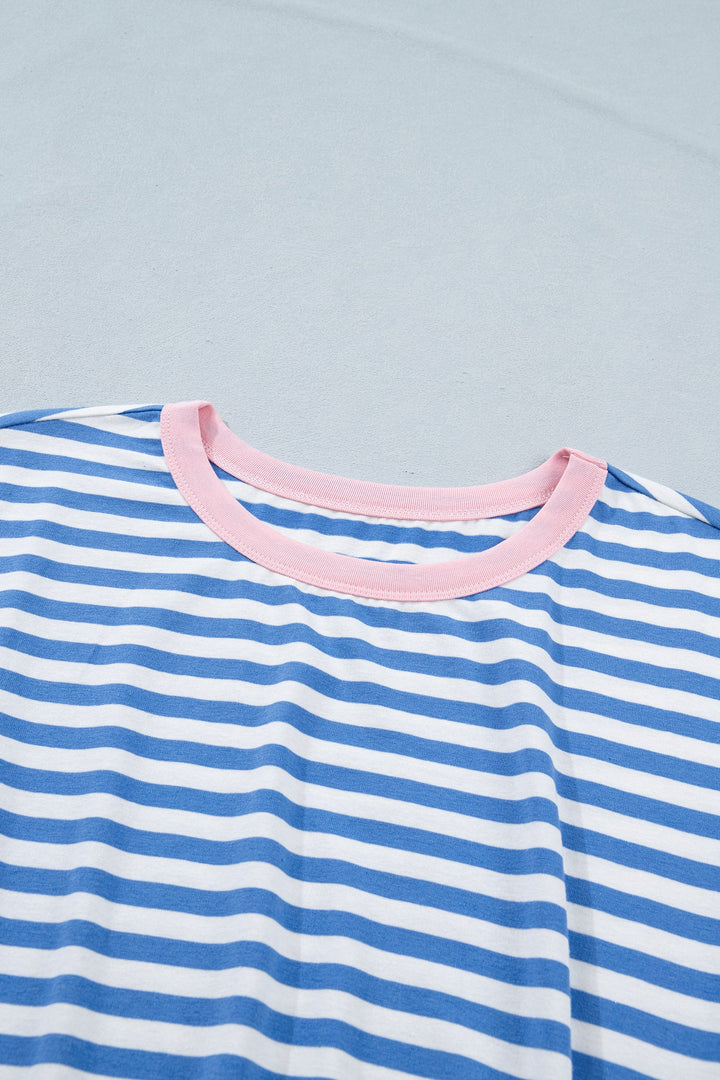 Sky Blue Stripe Nautical Tie Contrast Trim Round Neck T Shirt Midi Dress