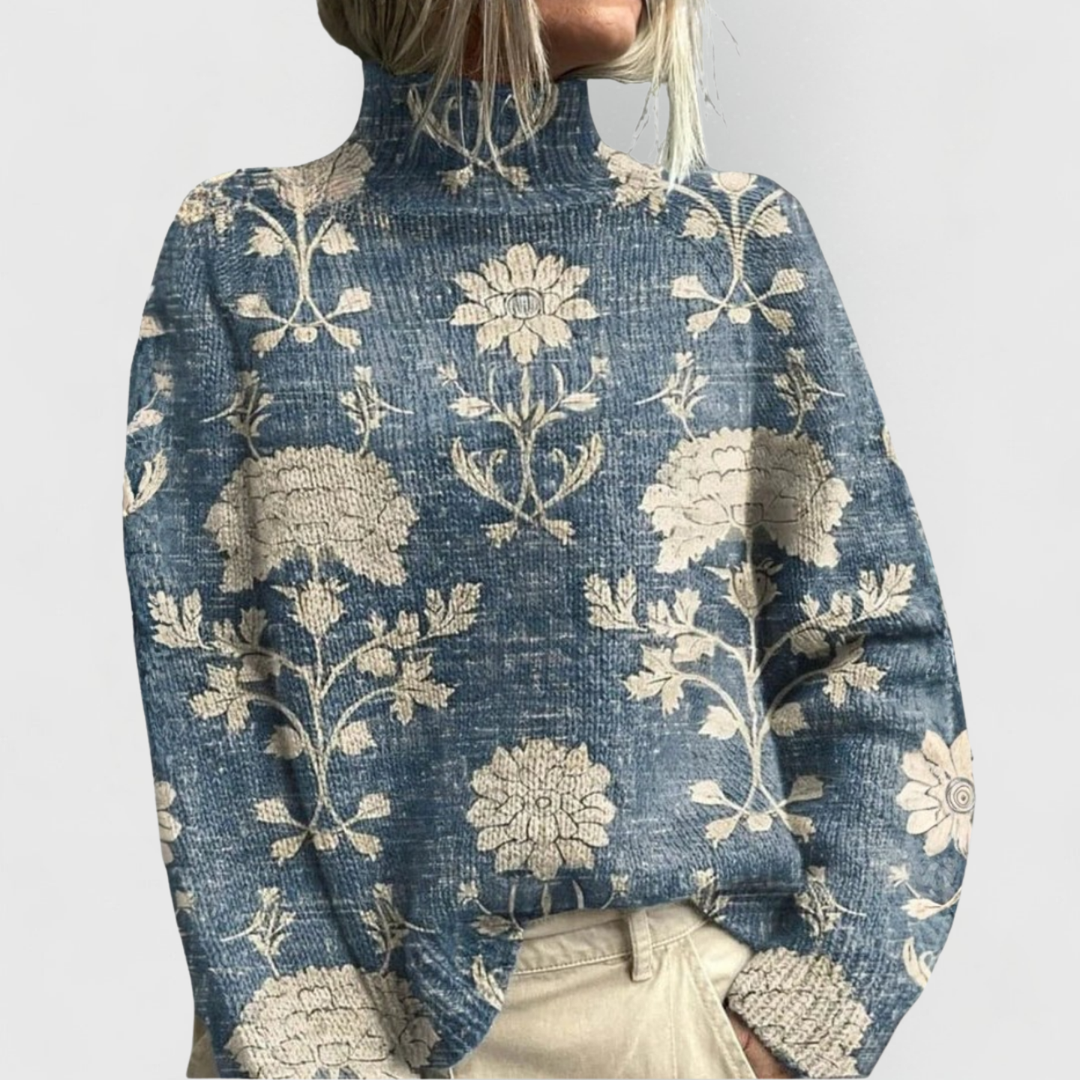 Flora | Floral Jacquard Turtleneck Relaxed Knit Sweater