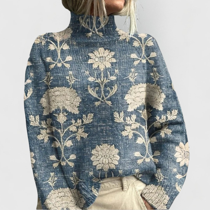 Flora | Floral Jacquard Turtleneck Relaxed Knit Sweater