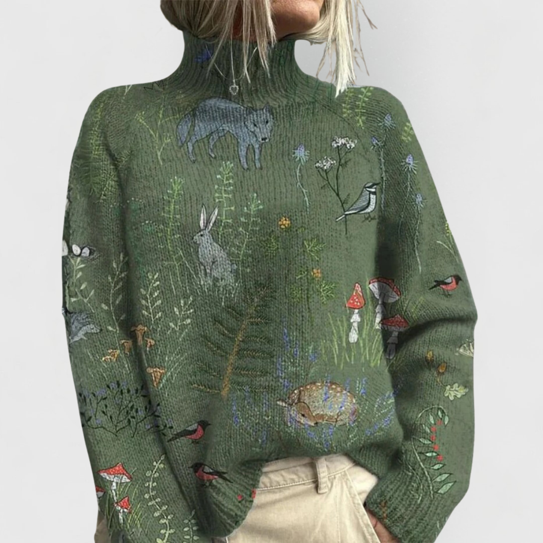 Flora | Floral Jacquard Turtleneck Relaxed Knit Sweater