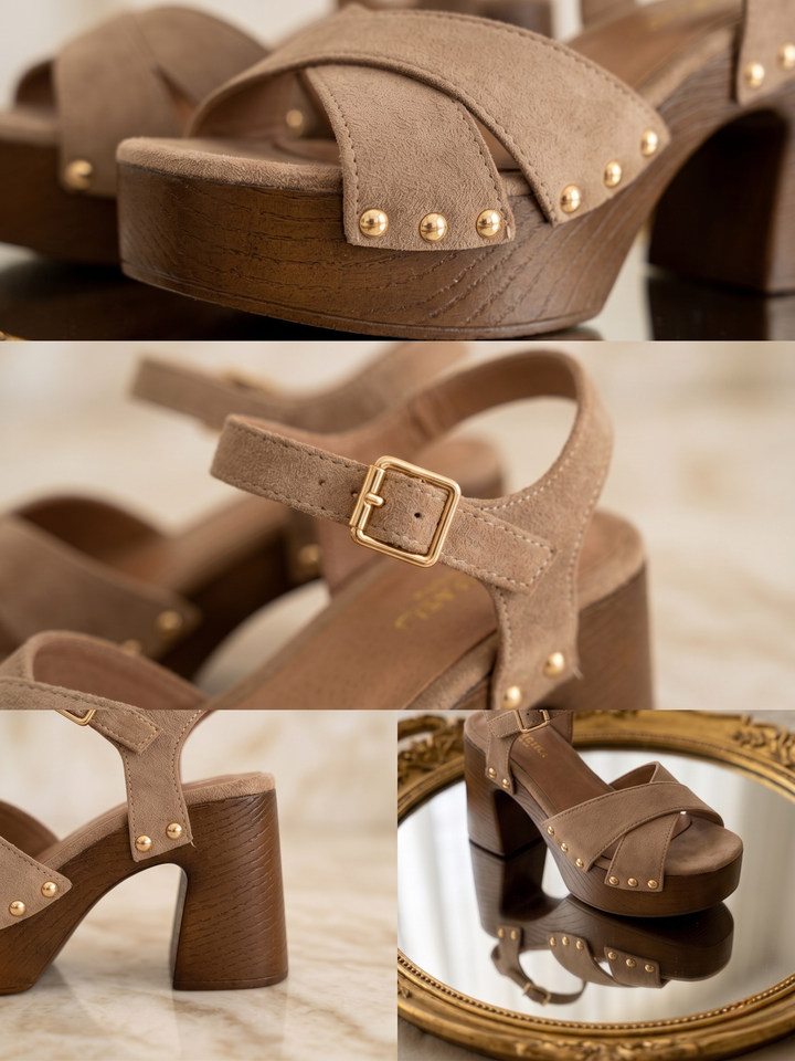 Gaia | Taupe Cross-Strap Sandals with Gold Studs