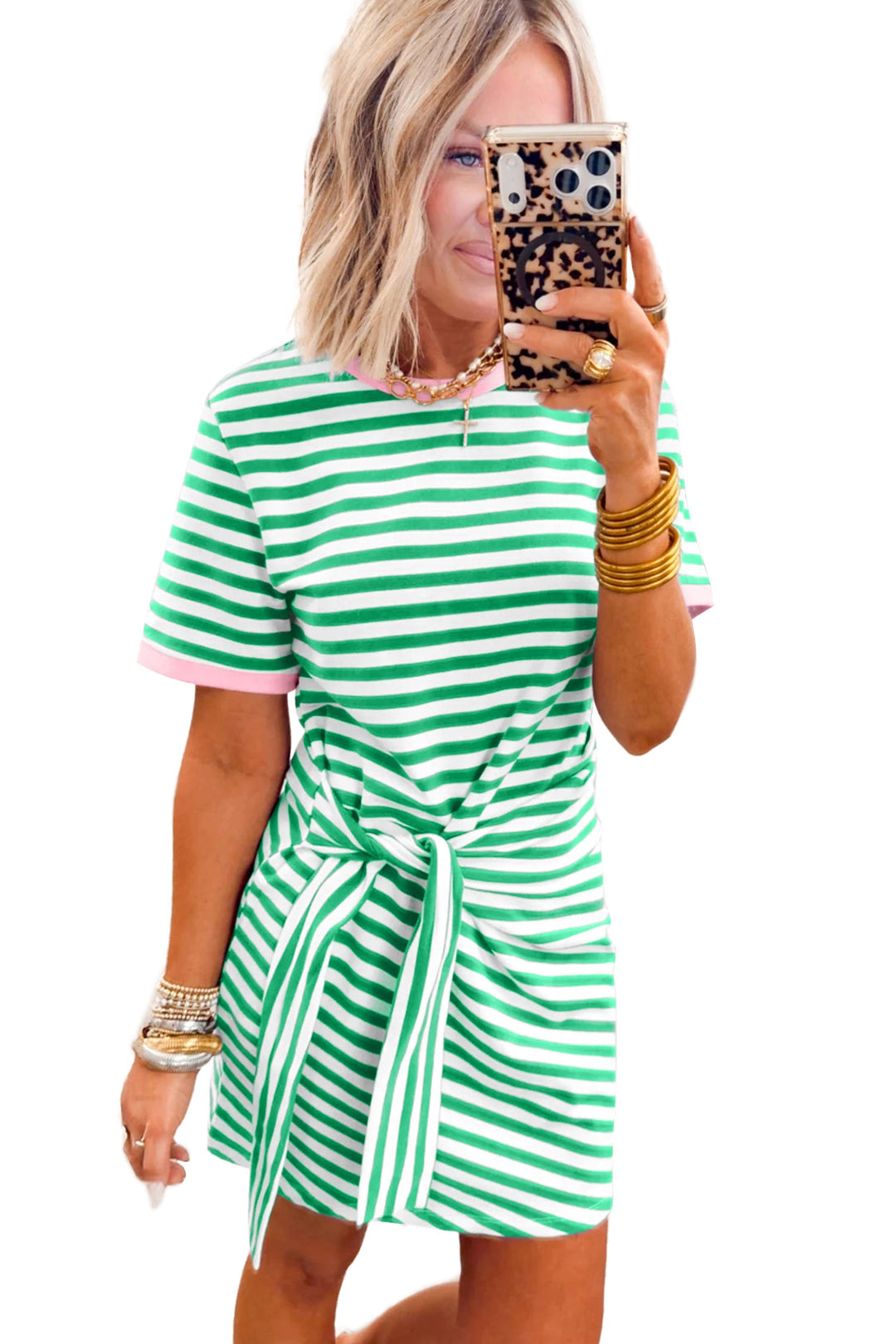 Sky Blue Stripe Nautical Tie Contrast Trim Round Neck T Shirt Midi Dress