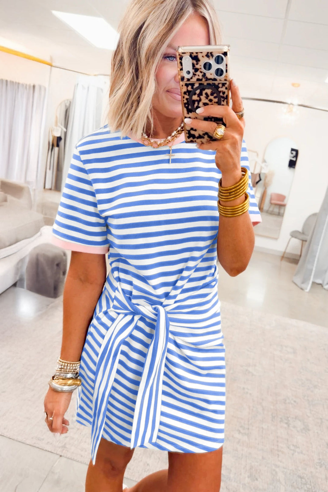 Sky Blue Stripe Nautical Tie Contrast Trim Round Neck T Shirt Midi Dress