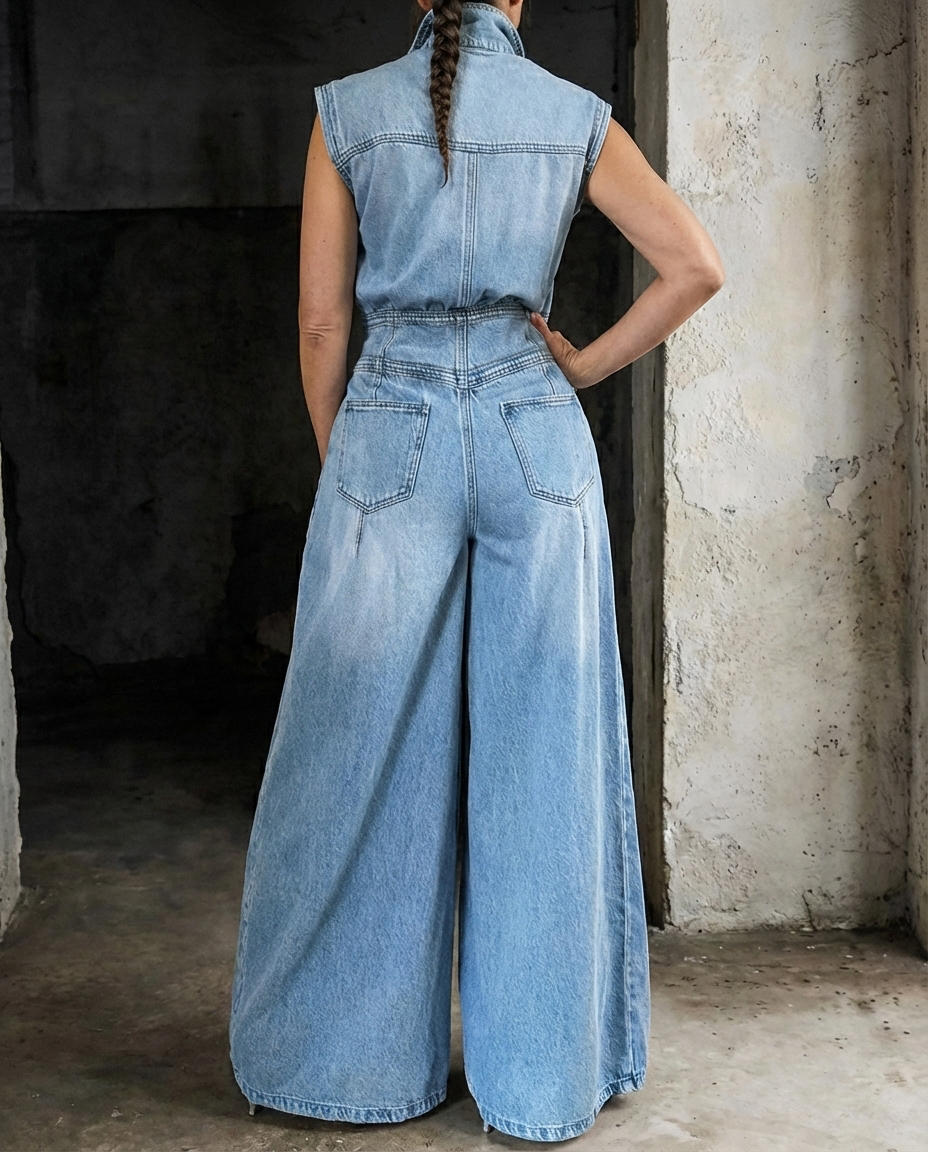 Stella™ | Cinched Waist Wide Leg Denim Jumpsuit