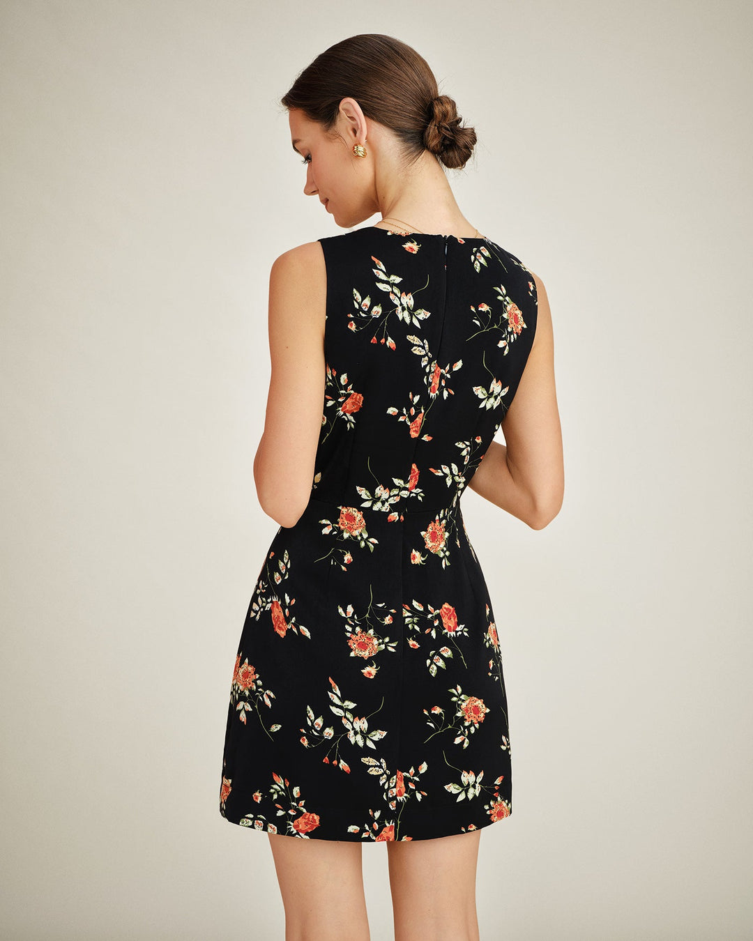 Black V Neck Floral A-Line Mini Dress